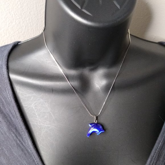 Glass Blue Dolphin Pendant Necklace 15.5 Inches - Picture 2 of 16